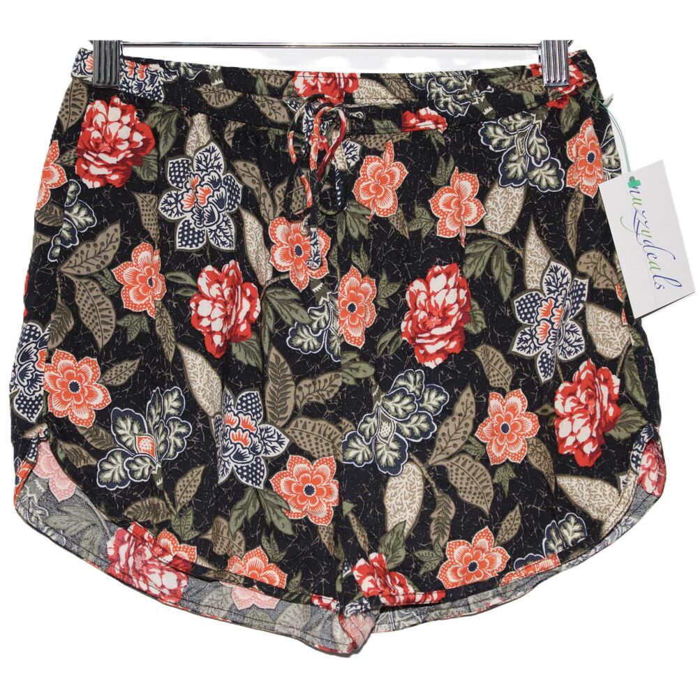 Womens Abercrombie & Fitch Black Floral Viscose Drawstring Casual Shorts Size XS